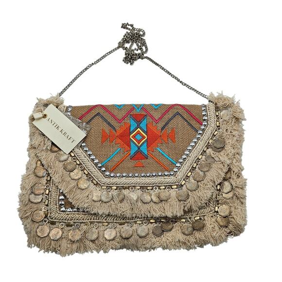 NWT Antik Kraft Bohemian Beaded Fringe Purse/ Clutch w removable strap - Picture 1 of 6